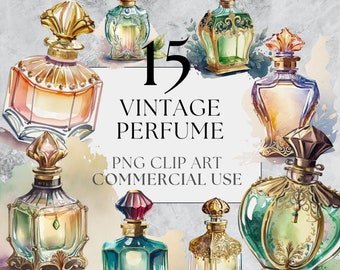 15 Vintage Perfume Clipart - PNG, Beautiful Classic Vanity Clipart, Beauty Watercolor Perfumes Bottles Art, Instant Download, Commercial Use