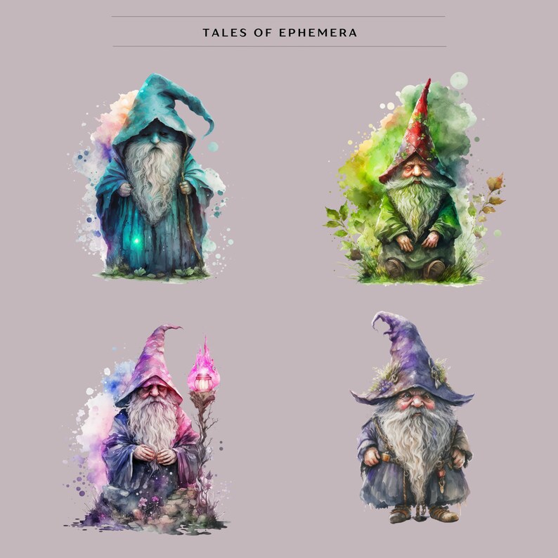 May include: Four watercolor illustrations of gnomes wearing pointed hats and long beards. The gnomes are depicted in different poses and settings, including a forest, a field, and a cave. The illustrations are in a whimsical style and feature vibrant colors.