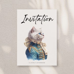 May include: Invitation card with a white cat wearing a blue and gold jacket with a white bow tie. The text "Invitation" is at the top of the card and the text "A Lovely Afternoon" is at the bottom.