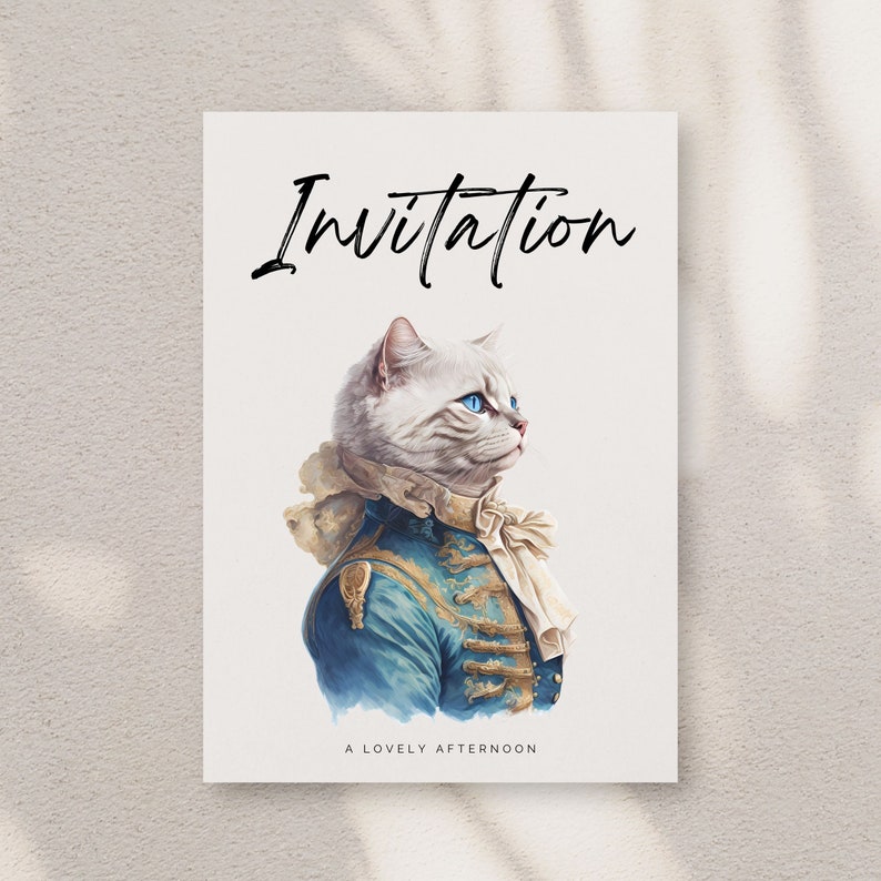 May include: Invitation card with a white cat wearing a blue and gold jacket with a white bow tie. The text "Invitation" is at the top of the card and the text "A Lovely Afternoon" is at the bottom.
