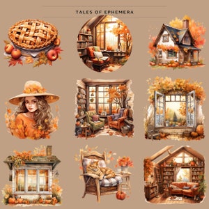 May include: A collection of nine autumn-themed illustrations featuring cozy scenes like a cottage, a window with fall foliage, a bookshelf, a cat in a chair, and a pie. The illustrations are in a watercolor style and have a warm, inviting feel.