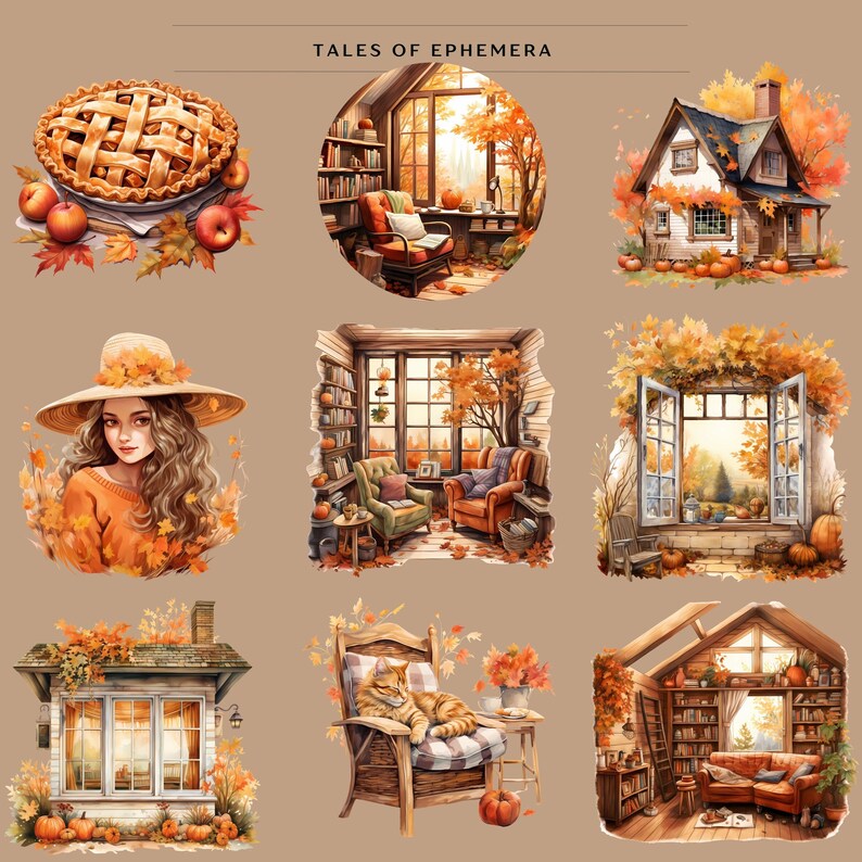 May include: A collection of nine autumn-themed illustrations featuring cozy scenes like a cottage, a window with fall foliage, a bookshelf, a cat in a chair, and a pie. The illustrations are in a watercolor style and have a warm, inviting feel.