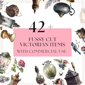 Puede incluir: Una ilustración digital de más de 42 artículos de estilo victoriano, incluyendo lámparas, botellas y flores. El texto "42+ Fussy Cut Victorian Items with Commercial Use" se muestra sobre un fondo rosa.