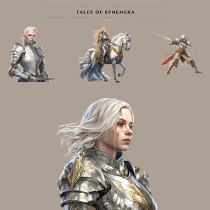 May include: A woman in silver and gold armor with a white background. The woman has long white hair and is looking to the right. The text "TALES OF EPHEMERA" is at the top of the image.
