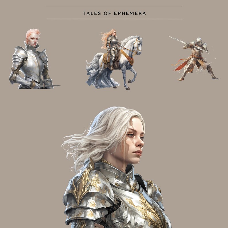 May include: A woman in silver and gold armor with a white background. The woman has long white hair and is looking to the right. The text "TALES OF EPHEMERA" is at the top of the image.