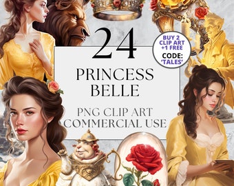 May include: A set of 24 digital clip art images featuring Belle from the Disney movie Beauty and the Beast. The images include Belle in various poses, as well as other characters and objects from the movie, such as the Beast, the enchanted rose, and Mrs. Potts. The images are in PNG format and are suitable for commercial use.