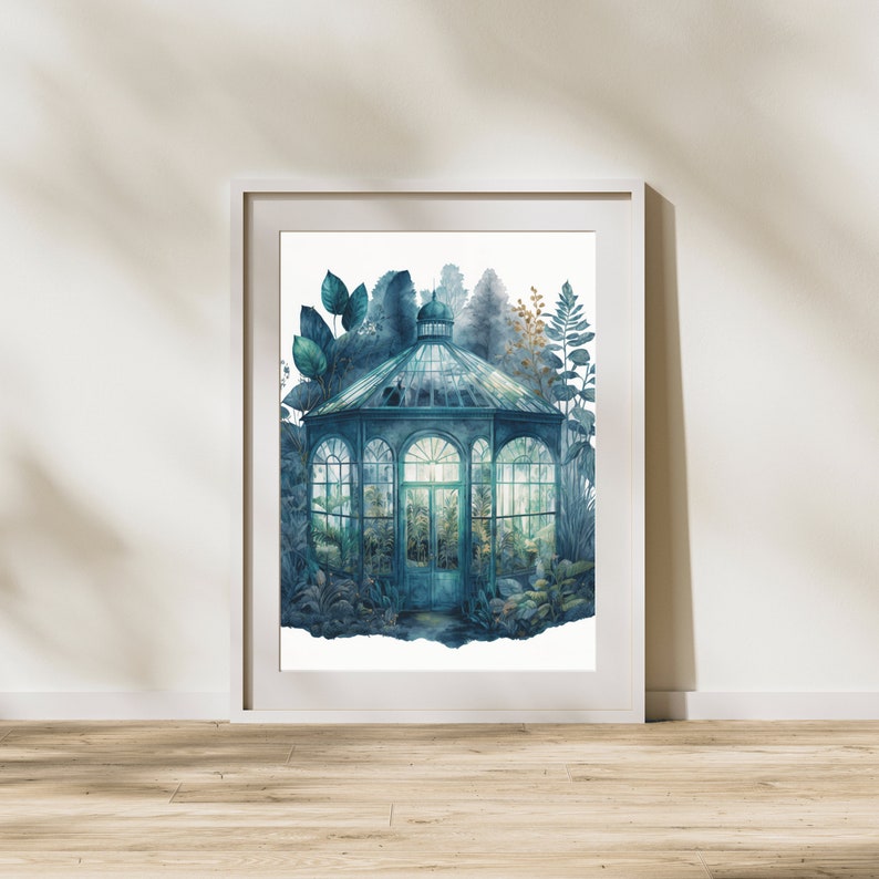 May include: A watercolor painting of a blue and green glass greenhouse surrounded by lush foliage. The greenhouse has a domed roof and arched windows. The painting has a vintage, whimsical feel.