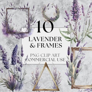 10 Lavender & Frames Clipart Pack | PNG | Beautiful Botanical Clip Art | Watercolour | Instant Download, Printable with Full Commercial Use