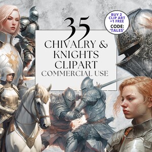 May include: A digital clipart set of 35 images featuring knights, horses, and women in medieval armor. The set includes a variety of poses and expressions, and is perfect for use in commercial projects. The text "BUY 2 CLIP ART +1 FREE CODE: 'TALES'" is also included in the image.
