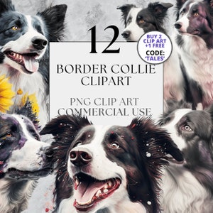 Może przedstawiać: Zestaw 12 cyfrowych obrazów clipart przedstawiających border collie w różnych pozach. Obrazy są w formacie PNG i przeznaczone do użytku komercyjnego. W obrazie znajduje się również tekst "BUY 2 CLIP ART +1 FREE CODE: 'TALES'".