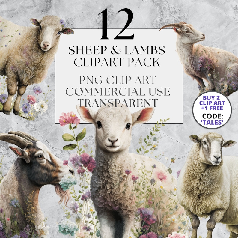 May include: A set of 12 digital clipart images featuring sheep and lambs in a field of flowers. The images are PNG format and are transparent. The text "BUY 2 CLIP ART +1 FREE CODE: 'TALES'" is in the bottom right corner of the image.