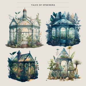 May include: Four different illustrations of glass greenhouses with intricate details and lush greenery. The title "Tales of Ephemera" is displayed at the top of the image.
