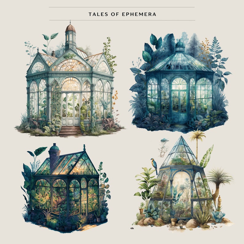 May include: Four different illustrations of glass greenhouses with intricate details and lush greenery. The title "Tales of Ephemera" is displayed at the top of the image.