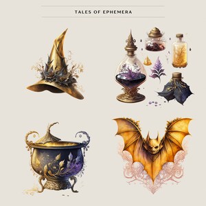 May include: A collection of four whimsical, gold-toned, decorative objects with a gothic theme. A witch's hat with a gold crown and purple flowers, a cauldron with a gold lid and purple flowers, a golden bat with a detailed design, and a bottle with a gold lid and purple flowers.