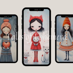 May include: Three digital phone wallpapers featuring illustrations of girls in winter clothing with cats. The first wallpaper features a girl in a red and white striped dress and red hat holding a white cat. The second wallpaper features a girl in a blue and white dress and a blue hat holding a red heart. The third wallpaper features a girl in a white and orange dress and an orange hat holding a white cat.