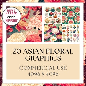 May include: 20 Asian floral graphics in a variety of colors and styles. The graphics are perfect for use in digital and print projects. BUY 3 +1 FREE CODE: '4FREE'.