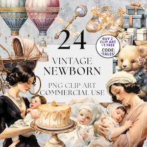 Vintage recién nacido Clipart PNG, Babyshower Nursery Motherhood Baby Clipart Art, Descarga instantánea, Fondo transparente, Uso comercial completo