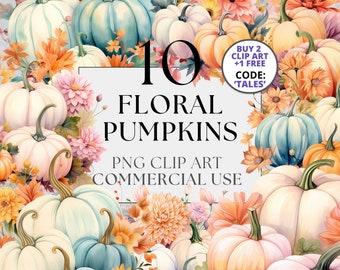 Floral Pumpkin Clipart, Fall Autumn Pumpkins Pastel Multicolor PNG Halloween Watercolor Clipart, Instant Download, Full Commercial Use