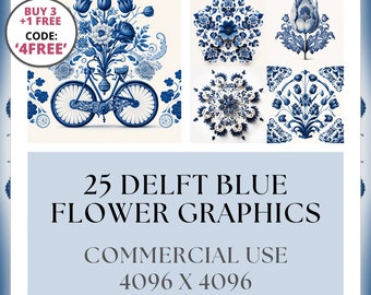 Delft Blue Flower Patterns & Cutouts |  Digital Paper |  Printable Backgrounds for Instant Download and Commercial Use | Delftware Designs