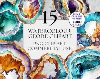 15 Geode Clipart, PNG, Full Commercial Use, Witchy Clipart, Watercolor Crystal Geodes Clipart, Watercolor Clipart with Instant Download