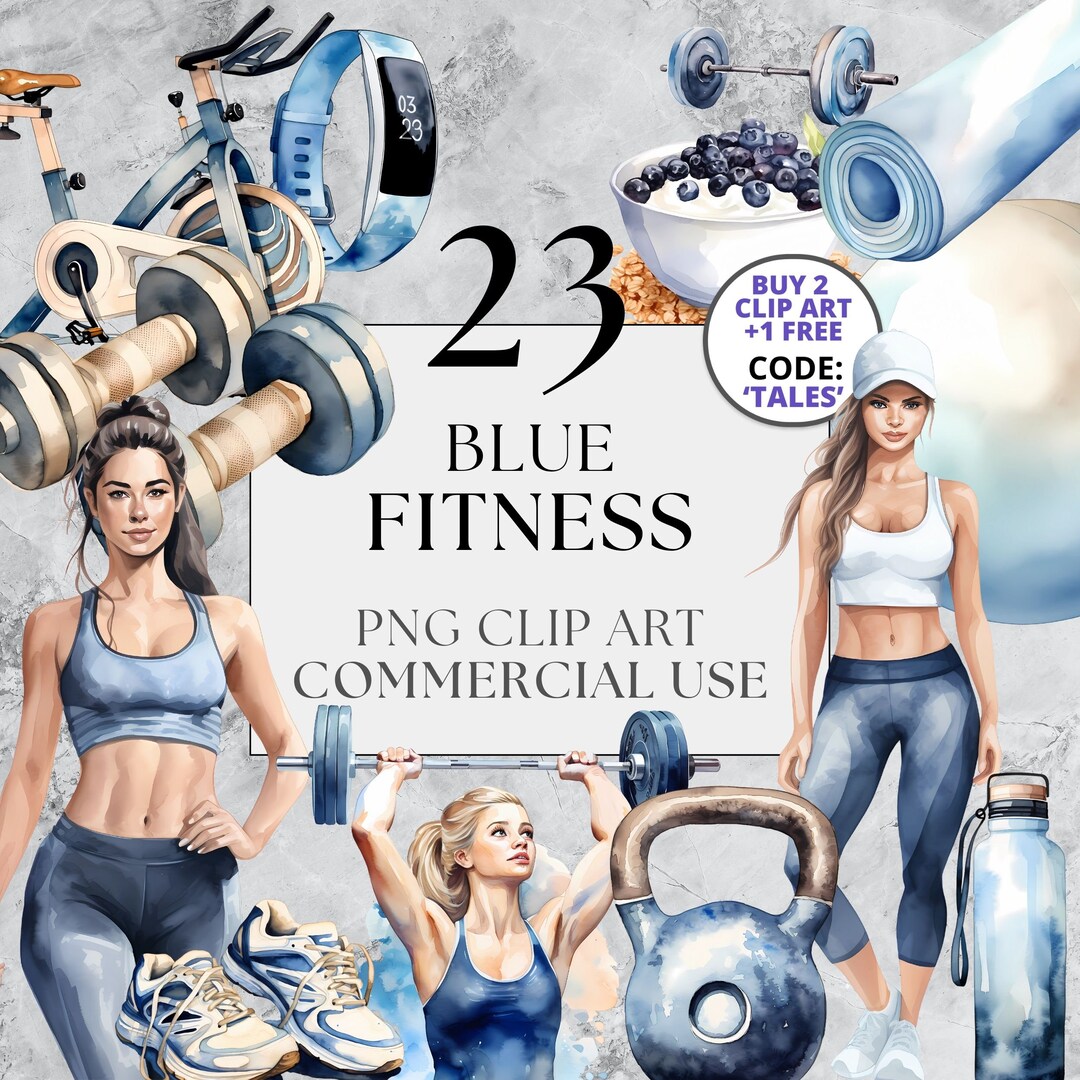 Blue Fitness Clipart, PNG, Full Commercial Use, Watercolor Healthy ...