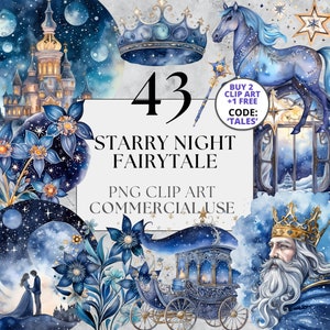 Pacote de clipart de conto de fadas de noite estrelada, clipart de fantasia de céu noturno de Natal celestial PNG, clipart de inverno, download digital para uso comercial completo