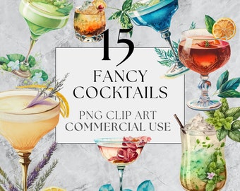 15 imágenes prediseñadas de cócteles de lujo - imágenes prediseñadas de verano, imágenes prediseñadas de vacaciones, imágenes prediseñadas de cócteles, acuarela, descarga instantánea, uso comercial completo, PNG