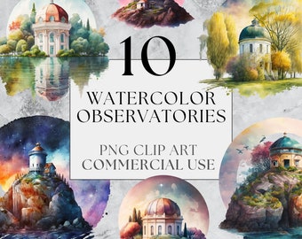 10 Watercolor Observatories | PNG | Beautiful Scenery Clip Art | Watercolor | Instant Download, Printable with Full Commercial Use