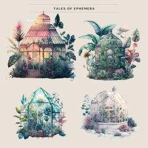 May include: Four illustrations of glass greenhouses with various plants and flowers inside. The greenhouses are in different styles and colors, with some having a more rustic look and others a more modern look. The illustrations are done in a watercolor style and have a whimsical feel.