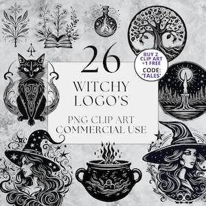 26 Witchy Logo Design Clipart - Halloween Witch Linoprint Minimalistic Gothic Wall Art, Instant Download Printable with Full Commercial Use