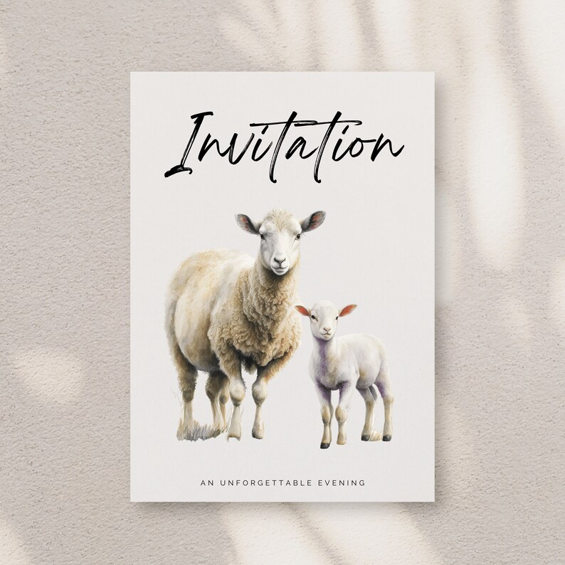 May include: Invitation card with the word "Invitation" in black script at the top. The card features a watercolor illustration of a white sheep and a white lamb standing side-by-side. The text "An Unforgettable Evening" is at the bottom of the card.