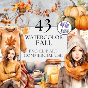 Op de afbeelding: Een set van 43 aquarel illustraties met herfstthema's, waaronder een vrouw in een trui en hoed, een fiets met een mand vol bladeren, een kaars in een pot, een kopje koffie en pompoenen. De illustraties zijn perfect voor het maken van herfstthema ontwerpen, kaarten en knutselwerk.