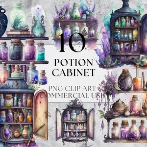 Op de afbeelding: Een set van 10 aquarel illustraties van drankjeskasten en planken gevuld met kleurrijke glazen flessen. De tekst "10 Potion Cabinet PNG Clip Art Commercial Use" is zichtbaar in de afbeelding.