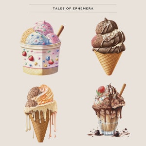 Puede incluir: Cuatro conos y helados diferentes. El primero es una copa de helado con bolas de color rosa, azul y blanco. El segundo es un cono de helado de chocolate con un cono de barquillo. El tercero es un cono de helado derretido con bolas de color naranja y marr&oacute;n. El cuarto es un helado de chocolate con una cereza en la parte superior.