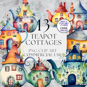 Teapot Cottages Clipart, Colorful Cosy Tea Party Clipart, High Tea Clipart, Instant Download with Full Commercial Use, PNG Clipart