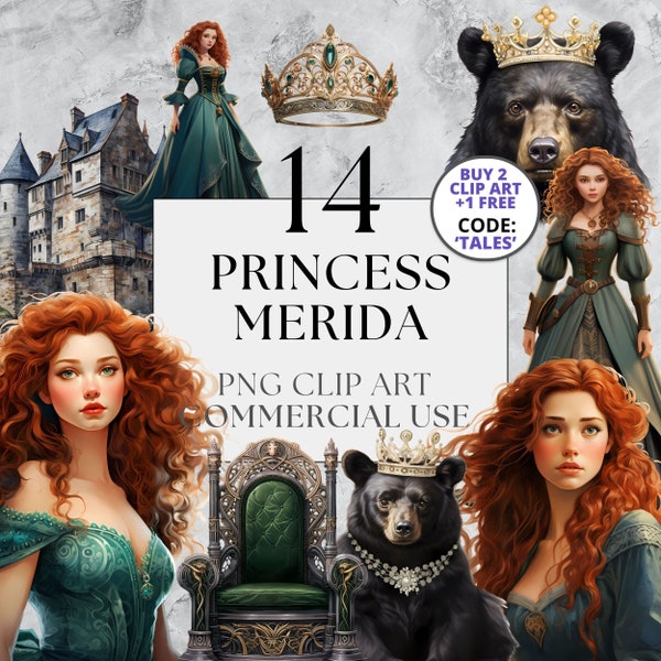 Princesse Merida Brave Clipart, PNG, utilisation commerciale complète, aquarelle Fantasy Fairytale Clipart, avec téléchargement immédiat, couronne, princesse