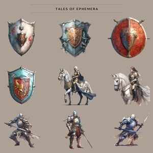 May include: A digital illustration of a fantasy scene with knights, horses, and shields. The shields feature various designs, including a dragon, a griffin, and a floral pattern. The knights are wearing armor and holding swords. The horses are white and have saddles and bridles. The scene is set against a light gray background. The text "Tales of Ephemera" is at the top of the image.