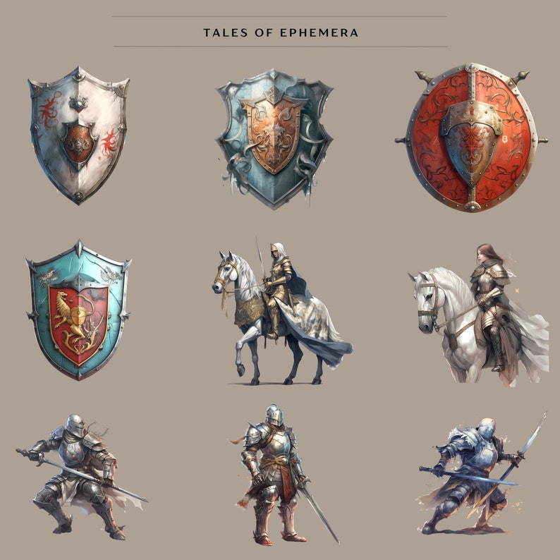 May include: A digital illustration of a fantasy scene with knights, horses, and shields. The shields feature various designs, including a dragon, a griffin, and a floral pattern. The knights are wearing armor and holding swords. The horses are white and have saddles and bridles. The scene is set against a light gray background. The text "Tales of Ephemera" is at the top of the image.