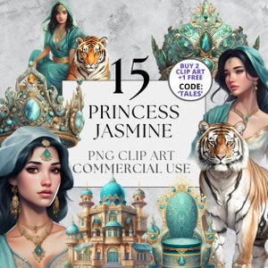 Prinzessin Jasmine Clipart, PNG, vollständige kommerzielle Nutzung, Aquarell Fantasy Prinzessin Märchen Clipart, mit sofortigem Download, Crown Palace