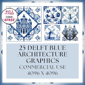Op de afbeelding: Een set van 25 digitale afbeeldingen met Delftblauwe architectuurontwerpen. De afbeeldingen bevatten afbeeldingen van huizen, windmolens en andere gebouwen in een traditionele Nederlandse stijl. De afbeeldingen zijn 4096 x 4096 pixels groot en zijn voor commercieel gebruik.