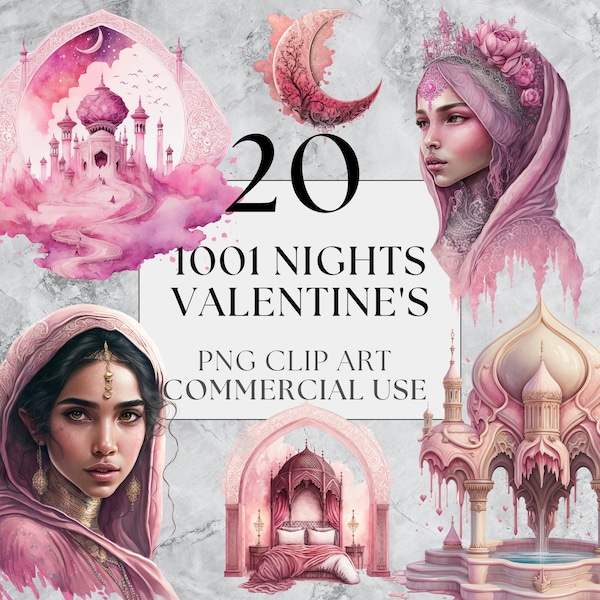 20 1001 Nights Valentines Clipart Pack | PNG | Arabian Fantasy Clipart | Watercolor | Instant Download, Printable with Full Commercial Use
