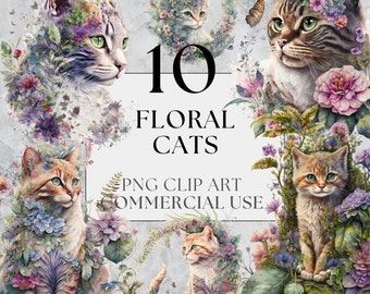 Floral Cat Clipart Fairytale Cat Clipart Fantasy Kitten Clipart Watercolour Cat Clipart Instant Download Full Commercial Use PNG Clipart