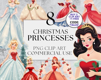 Christmas Princess Clipart, PNG, Full Commercial Use, Cozy Xmas Holiday Princesses Clipart, with Instant Download, Winter Fairytale Princess