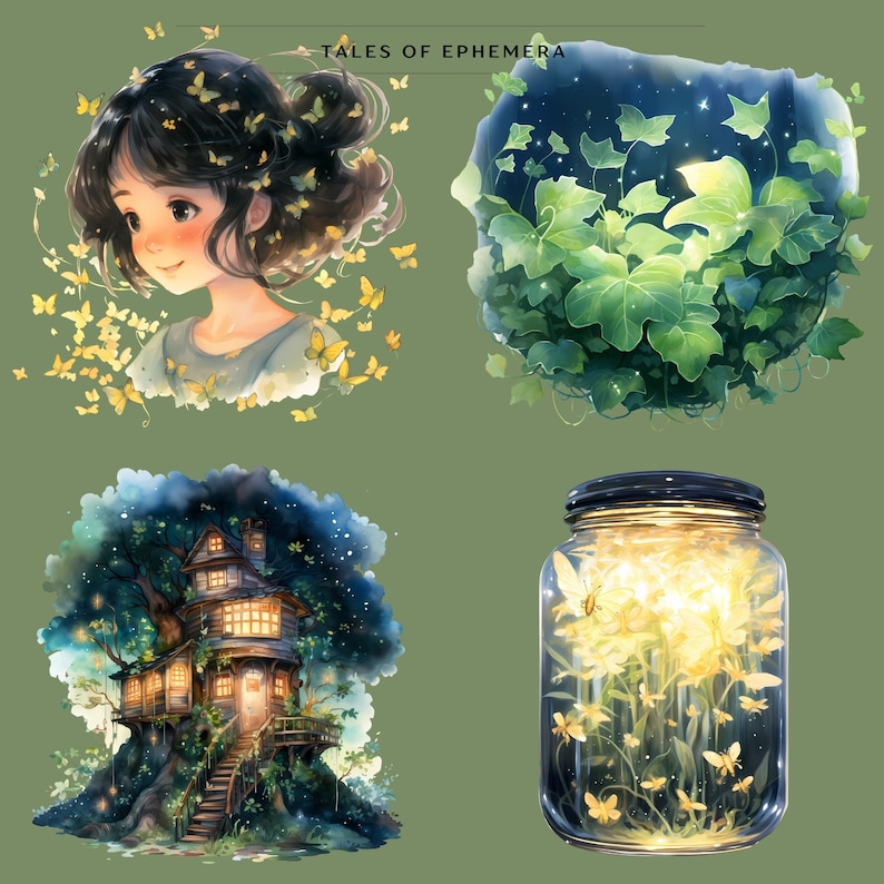 May include: Digital art featuring a young person surrounded by yellow butterflies, a glowing green plant, a treehouse, and a jar filled with glowing flowers and butterflies. The text "TALES OF EPHEMERA" is at the top.