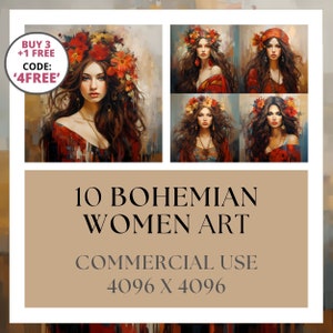 10 Bohemian Women Designs, Art Print Painting, Digital Download Printable Designs Commercial Use, Scrapbooking, Home Decor, Gifts, Invites