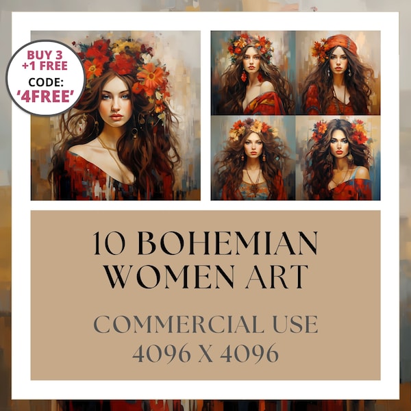 10 Bohemian Women Designs, Art Print Painting, Digital Download Printable Designs Commercial Use, Scrapbooking, Home Decor, Gifts, Invites