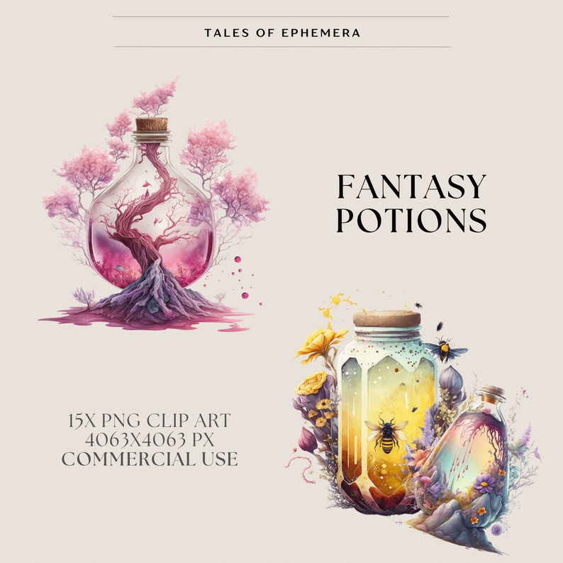 Puede incluir: Dos botellas de vidrio llenas de l&iacute;quidos coloridos y rodeadas de flores y abejas. Las botellas est&aacute;n etiquetadas como "Pociones de Fantas&iacute;a".