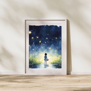 May include: A framed watercolor print depicts a child standing in water, holding a basket, surrounded by glowing lights. The artwork features a dark blue night sky with yellow lights, and green and yellow foliage. The print is in a white frame.