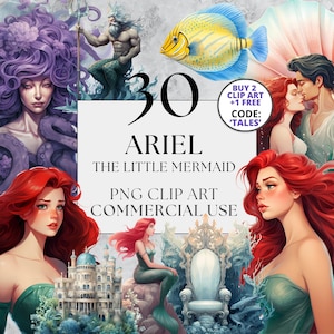 The Little Mermaid Clipart, Princess Ariel Clipart, Full Commercial Use, Watercolor Fairytale Princess Clipart, with Instant Download