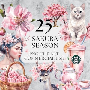 Paquete de imágenes prediseñadas de la temporada de Sakura, imágenes prediseñadas de la temporada de flor de cerezo PNG, acuarela, descarga instantánea, imágenes prediseñadas japonesas con comercial completo